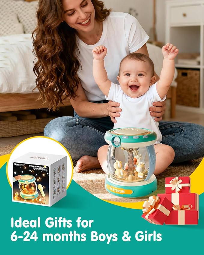 Baby Musical Drum Toy for 6-24 Months, Light-Up Carousel with Spinning Animals & Microphone, 4-in-1 Tummy Time Roll Crawl Toy with Music Stories Numbers Nursery Rhymes, Baby Boy Girl Gift