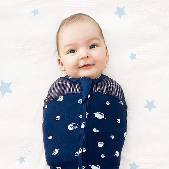 Happiest Baby Sleepea 5-Second Swaddle - 100% Organic Cotton Baby Swaddle Blanket - Doctor Designed Promotes Healthy Hip Development (Graphite Stars, Small)