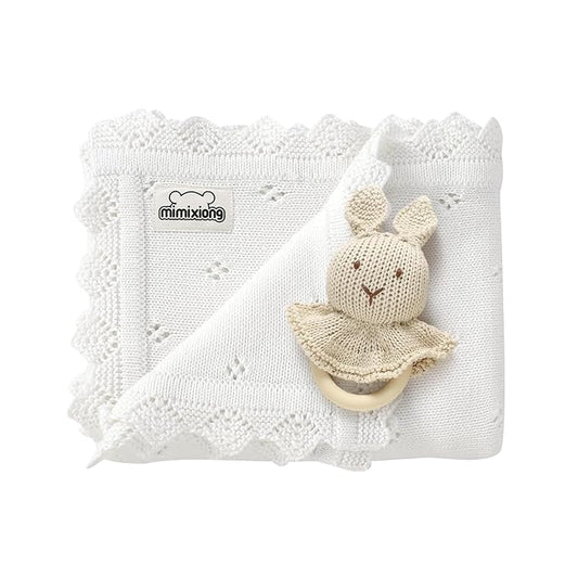 mimixiong Cotton Baby Blanket Knitted Crochet Receiving Crib Nursery Swaddling Blankets for Newborn Baby Boy Girl with The Bunny Rattle (Snow White)