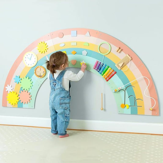 Play Platoon Kids Sensory Wall Panel, Activity Wall Busy Board Toys for Toddlers 1-3, Sensory Board - 64x32 inch Neutral Wooden Rainbow with 11 Activities for Montessori Playroom