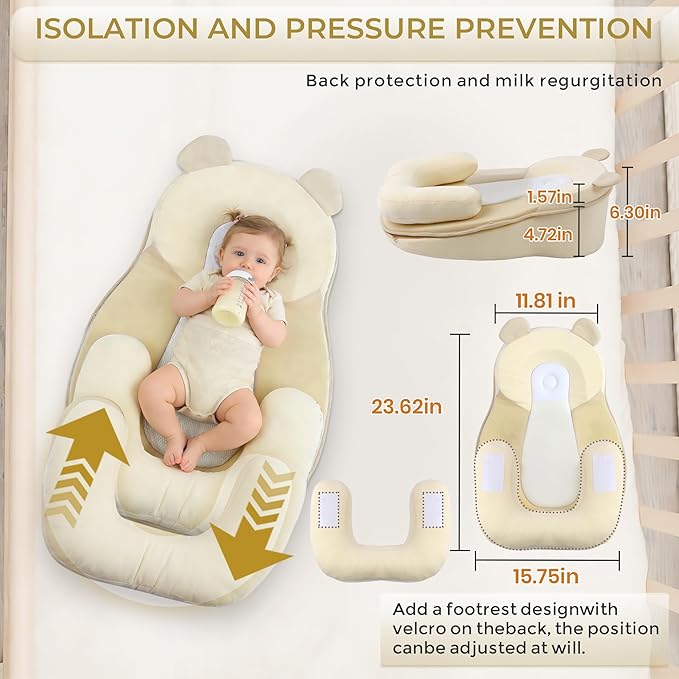 Baby Feeding Pillow, Anti Overflow Feeding Pillow for Reducing Spit-Up, Safety Nursing Pillow, Baby Lounger Reflux Wedge Breastfeeding, Removable top and Bottom