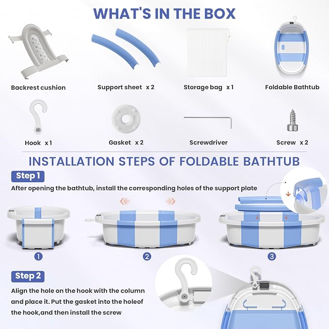 Collapsible Baby Bathtub with Soft Cushion and Thermometer, Newborn to Toddler Tub 0-36 Months with Toy Storage Mesh Bag, Portable Travel Bath for Infants (Blue)