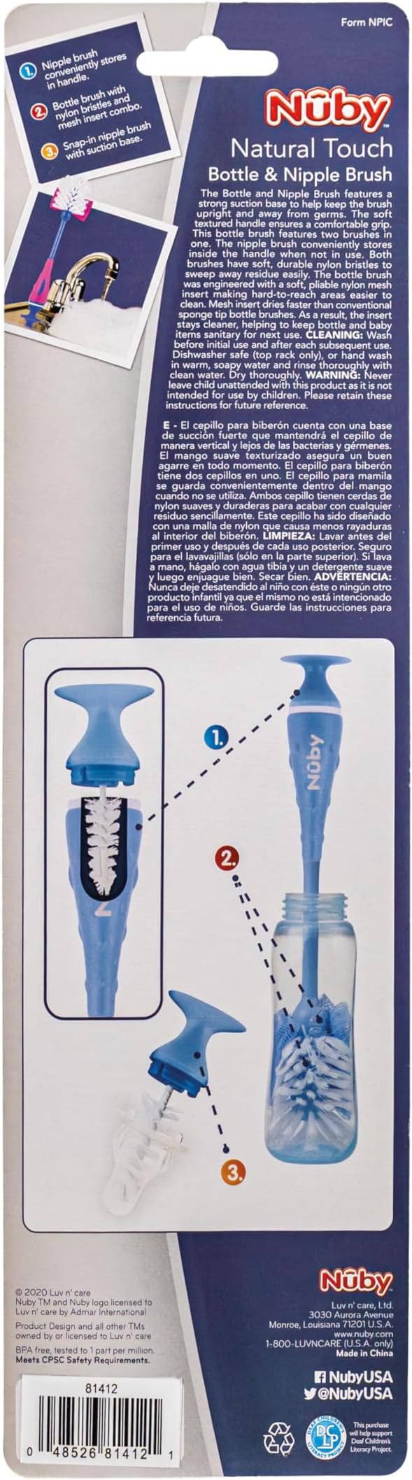 Nuby 2-in-1 Baby Bottle Brush with Stand - Soft Nylon Bristles - Dishwasher Safe - Bottle and Nipple Cleaning Tool - Aqua/White