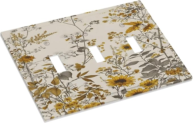 Boho Wildflowers Daisies Sunflowers Plant Floral Decorative Switch Plates 3 Gang Wall Plate Triple Toggle Light Switch Cover Faceplate Electrical Wall Panels for Bedroom Living Room Decor