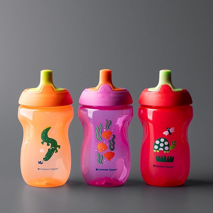 Tommee Tippee Sporty Bottle, 10oz Sippy Cups for Toddlers 1-3, Spill-Proof, Bite Resistant Spout, Easy to Hold Design, BPA Free, Pack of 3, Pink, Red and Orange