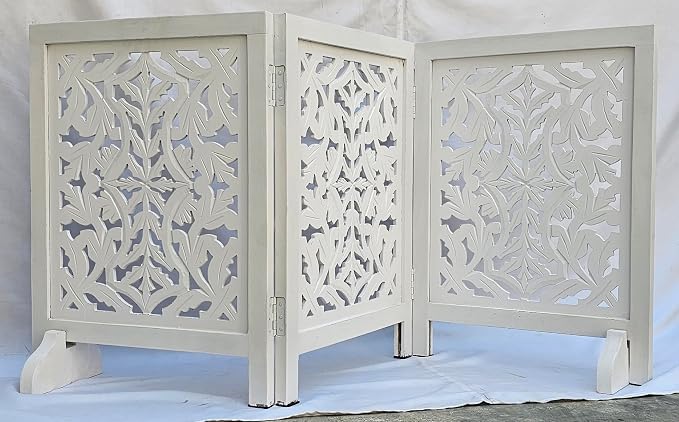 Free Standing Dog Gate – 3 Panel Foldable Wooden pet gate Indoor 54" W x 24" H, Hand-Carved Solid Wood & MDF, Portable Indoor Gate for Doorways, Halls, Stairs – Fully Assembled_ White Antique