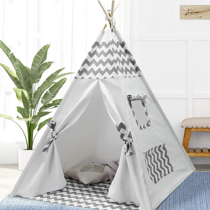 Boys Teepee Tent for Kids Teepee Baby Teepees for Boys Girls Baby Kids Tent Indoor Tepee Grey Chevron Tepees Toddler Tent with Floor & Carry Case
