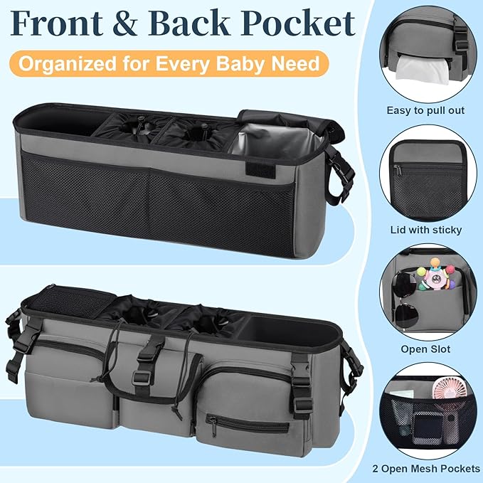GDNasist Double Stroller Organizer Compatible with Bob Duallie and Baby Jogger City Mini GT2, Double Baby Stroller Accessories with Cooler Bag, Parent Console Double Jogging Stroller Caddy, Grey