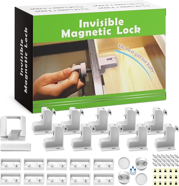 Cabinet Lock for Babies, Magnetic Child Safety Lock, Cupboard and Drawer Baby Proofing Lock, Invisible Magnetic Lock, Easy Installation (10 locks + 2 keys)