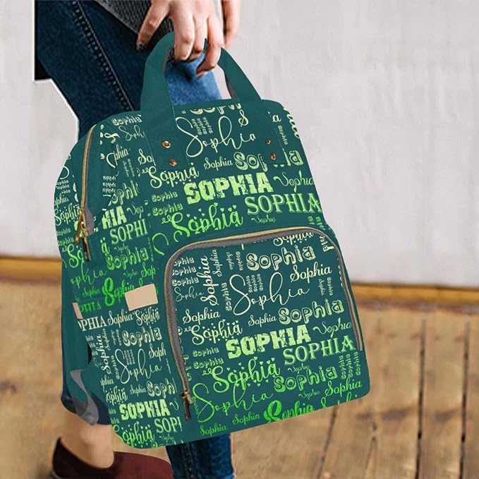 InterestPrint Custom Name Diaper Bag Personalized Dark Green Gradient Logo Text Nappy Bags Customized Signature Diapering Bag Casual Daypack Travel Backpack Shoulder Bag for Hiking Camping Work