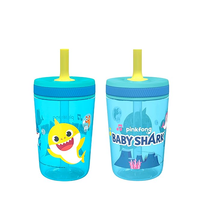 Zak Designs 15oz Baby Shark Kelso Tumbler Set, Leak-Proof Screw-On Lid with Straw Made of Durable Plastic and Silicone, Perfect Bundle for Kids (2pcs Set)