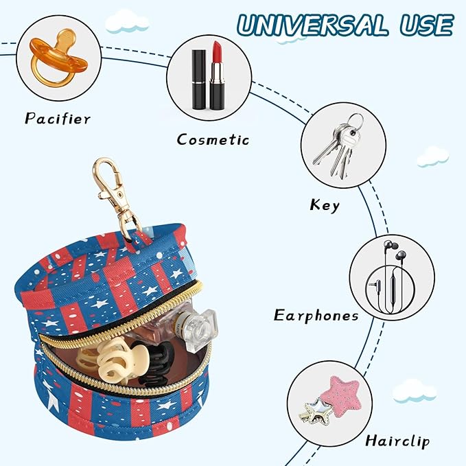 Pacifier Holder with Clip Pacifier Case for Diaper Bag Round Baby Pacifier Pouch Box Bag Portable Striped Blue Red Stars Dots
