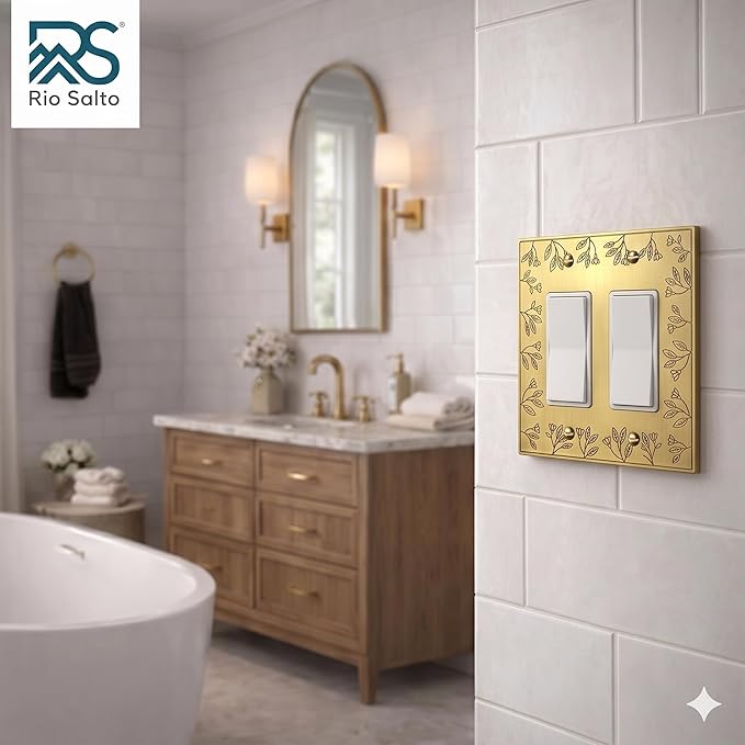 Rio Salto Floral Collection Brushed Brass Gold Double Rocker Light Switch Cover ??2-Gang Midsize - 2 Pack Metal Wall Plate 5" x 5" Heavy-Gauge Luxury Decorative Switch Plate