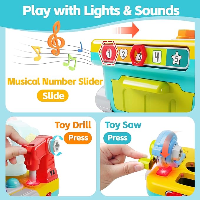 iPlay, iLearn Toddler Musical Workbench Toys for One Year Old Boys, Baby Pretend Play Tool Set, Infant Shape Sorter Activities, Kids Pounding Game, 1st Birthday Gift for 12 18 24 Month Girls Age 1 2 3