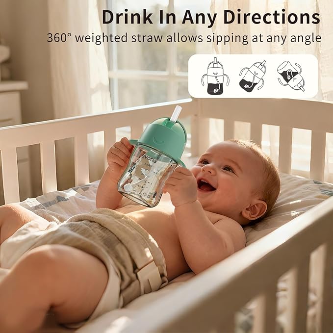 Evorie Tritan Weighted Straw Sippy Cup with Handles for Baby and Toddlers, Spill Proof Baby Water Bottle with Straw for 6 Months and up, 7 Oz, Infant Training Water Bottle (Mint)