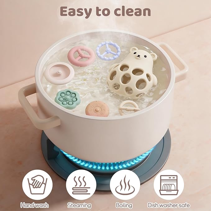 Baby Bear Teething & Stacking Toy Set - Teething Toys Silicone Teethers, Soft Baby Stacker Rings Teether, Learning Toy Gift for Boys and Girls 6+ Months (Pink)