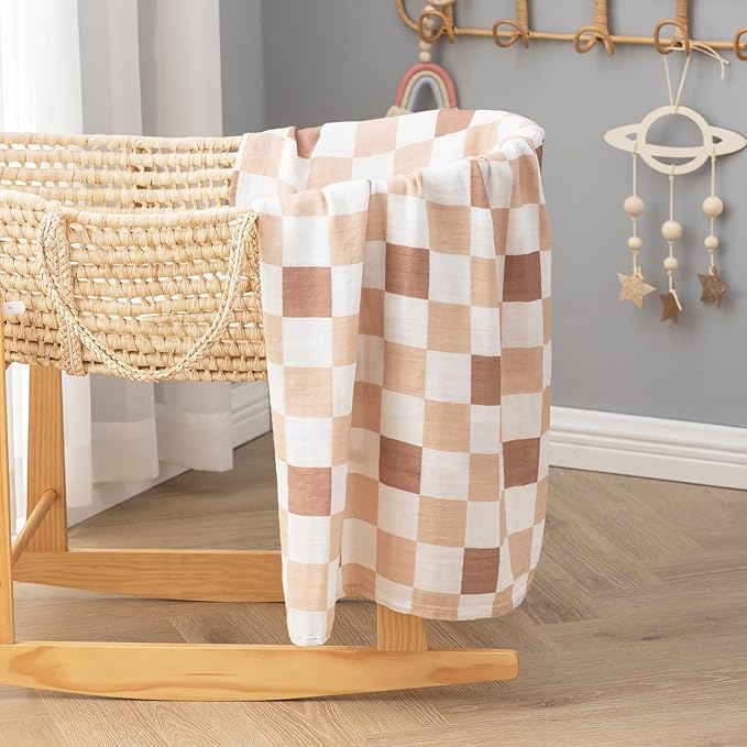 BabyWhale Muslin Swaddle Blankets for Boys & Girls Unisex, 2-Pack Viscose from Bamboo Cotton Large Baby Swaddle Blankets (47" x 47"), Bear & Checkered Coffee Pattern