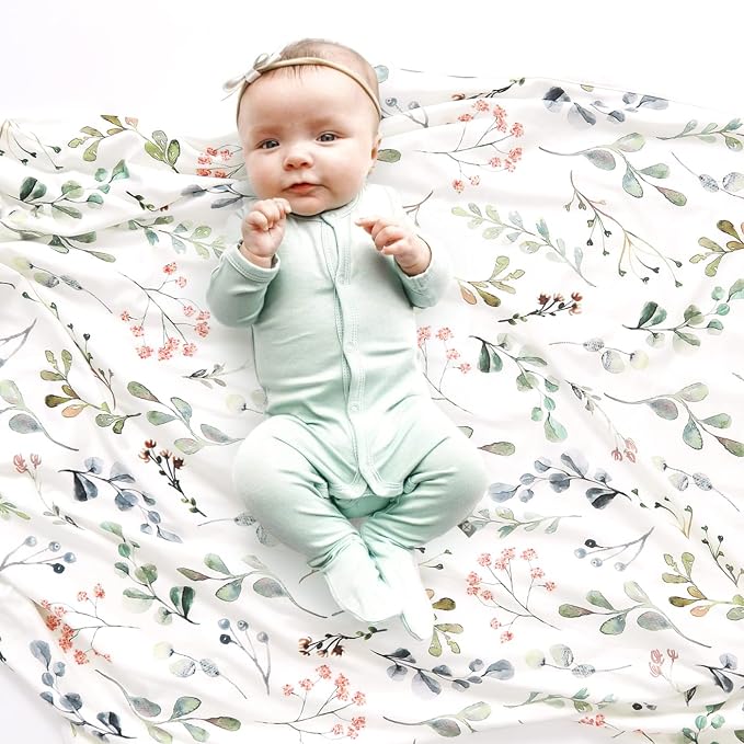 GRSSDER Baby Blankets Super Soft Jersey Knit Swaddle Blanket for Baby Girls and Boys, Double Layer Receiving Blankets 34 x 44 Inches Extra Large for Baby Show Gift, Watercolor Leaves