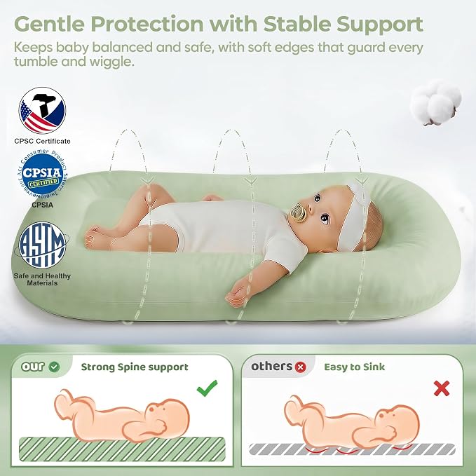 Infant Support Cushion - Baby Support Cushion for Newborn, 0-24 Months, Breathable Cotton Tummy Time Mat, Supervised Use, Portable Newborn Essentials for Home and Travel, Sage Green (Cover Included)