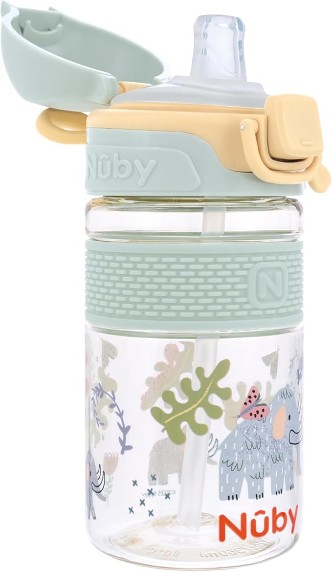 Nuby Thirsty Kids Flip-It Bolt Toddler Cup with Push-Button Locking Flip-Top and Silicone Spout - 12 oz - Easy-Grip and Spill-Resistant - 18+ Months - Mammoths