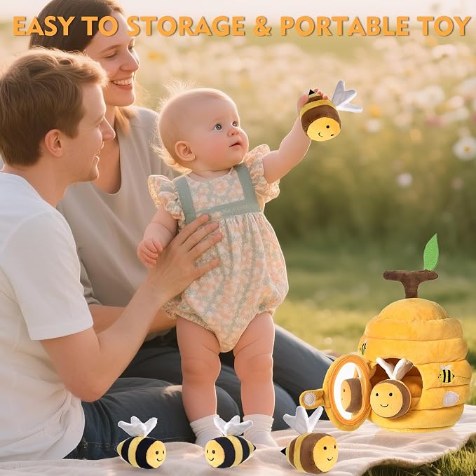 Baby Toys for 1 Year Old, Soft Beehive with 5 Stuffed Bees, Crinkle, Rattle, Mirror, Montessori Toys for One Year Old Birthday Gift for 12-18 Months Baby Easter Basket Stuffers