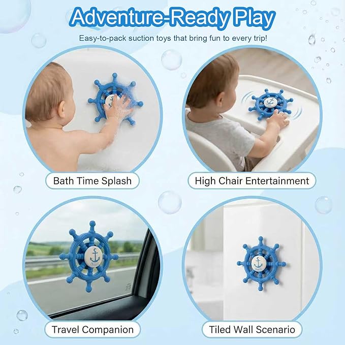 Baby Suction Spinner Toys for Bathtub, Silicone Toddler Bath & High Chair Toys for 1 Year Old Boy/Girl Birthday Gift, Interactive Ship Steering Wheel InfantToy for Car Window Travel-Blue