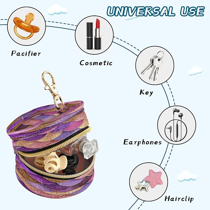 Glitter Purple Mermaid Scale Print Pacifier Holder Case with Clip Portable Pacifier Storage Case for Boys Girls Baby Pacifier Cover Pouch for Diaper Bag or Purse Stroller