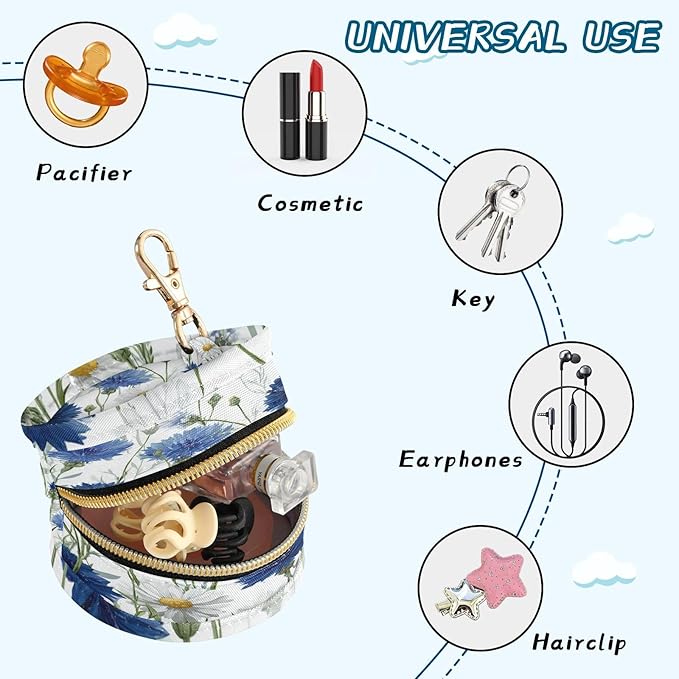 Pacifier Holder with Clip Pacifier Case for Diaper Bag Round Baby Pacifier Pouch Box Bag Portable White Blue Daisy Flower Cornflowers