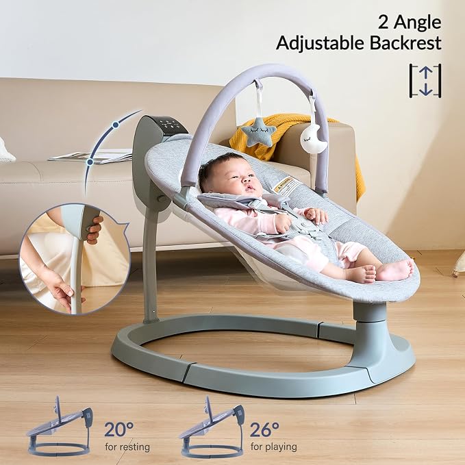 VaVaSoo 2-in-1 Electric Baby Swing, Dual-Arm Support Tollder Chair up to 66 lbs for Enhanced Stability, 3 Swing Motions & 8 Soothing Sounds, 2 Adjustable Height, Light Grey