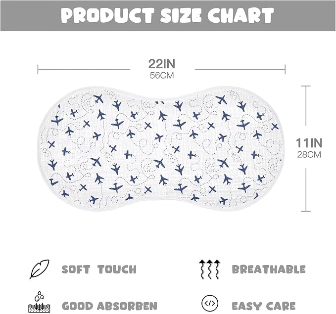 Baby Muslin Burp Cloths Set of 1 Blue Airplanes Muslin Washcloths Air Plane Transportation Sky White Milk Spit Up Rags Newborn Towel Burp Cloth Bib for Unisex Boys and Girls, 22 x 11 Inch