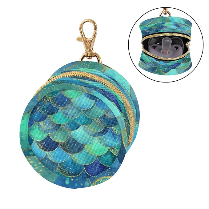 Pacifier Holder with Clip Pacifier Case for Diaper Bag Round Baby Pacifier Pouch Box Bag Portable Watercolor Mermaid Scales Blue