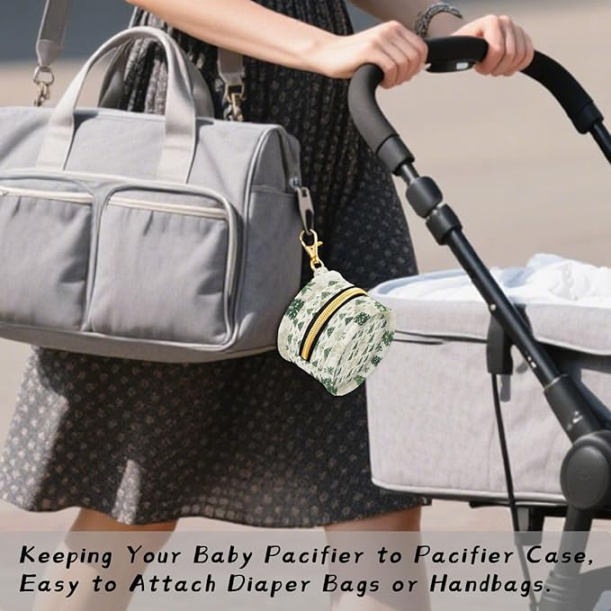 Pacifier Holder with Clip Pacifier Case for Diaper Bag Round Baby Pacifier Pouch Box Bag Portable Tree Green Christmas
