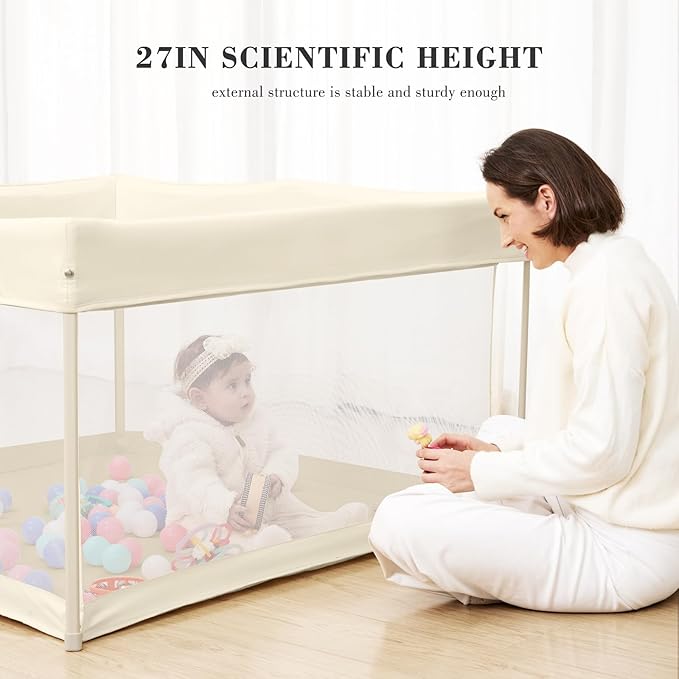 Foldable Baby Playpen 50"×50", Out-of-the-Box Ready Playpen for Babies and Toddlers, Portable Play Yard with Breathable Mesh & ASTM F406 Certified (Beige)