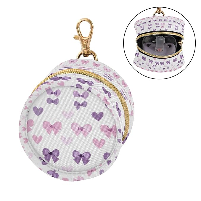 ATTX Purple Bows Pacifier Holder Case with Clip - Leakproof & Portable Storage for 2 Pacifiers (2.95" Diameter), Attaches to Diaper Bag, Stroller or Purse