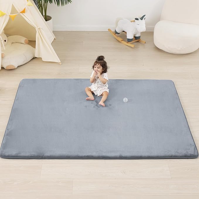 1.3" Thick Baby Floor Play Mat 71x79, Basic Padded Foam Mat for Tummy Time Crawling, Non Slip Cushioned for Babies Toddlers Infants Kids (Light Grey)