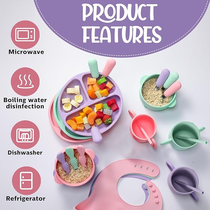 24 Pack Silicone Baby Feeding Set Baby LED Weaning Supplies Includes Suction Divided Plates Soft Bowl Spoons Forks Adjustable Bib Snack Cup and Straws(Pink, Purple, Mint Green)