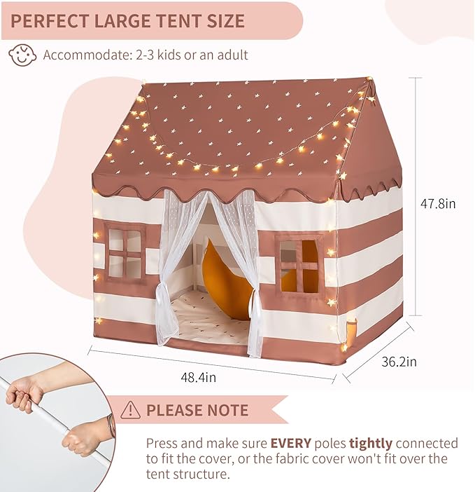 Large Kids Tent Indoor with Padded Mat & Star Lights, Playhouse for Ages 3-8, Play Tent Indoor Outdoor, Reading Nook, Role Play Kids Toys, Toddler Tent for Boys Girls Birthday Gift