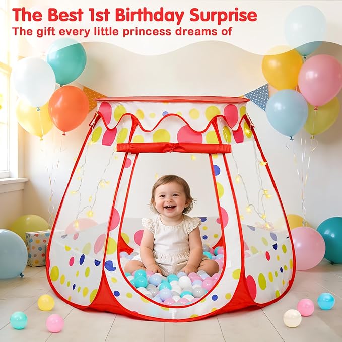 PopUp Princess Tent, Toddler Girl Toys Baby Ball Pit with LED Star Lights, Foldable Kid Play Tent with Carrying Bag, Indoor Outdoor 1 2 3 Year Old Girls Toy Gift for Birthday/Christmas, Red