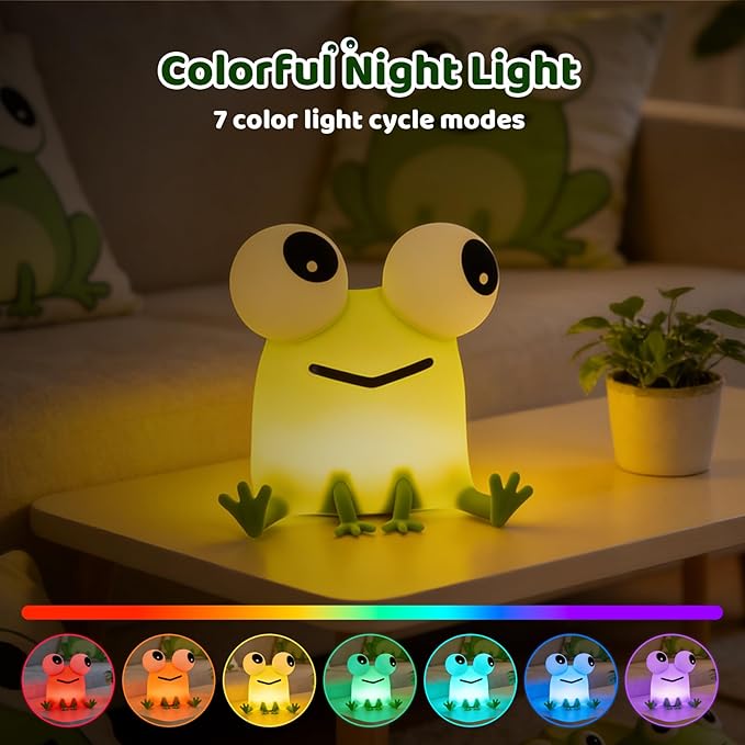 Frog Night Light for Kids with Timer Dimmable 3 Brightness 7 Colors Kawaii Frog Lamp Warm Sleep Aid USB Rechargeable Portable Night Lamp Decor for Girl Boy Nursery/Bedroom/Desk/Office