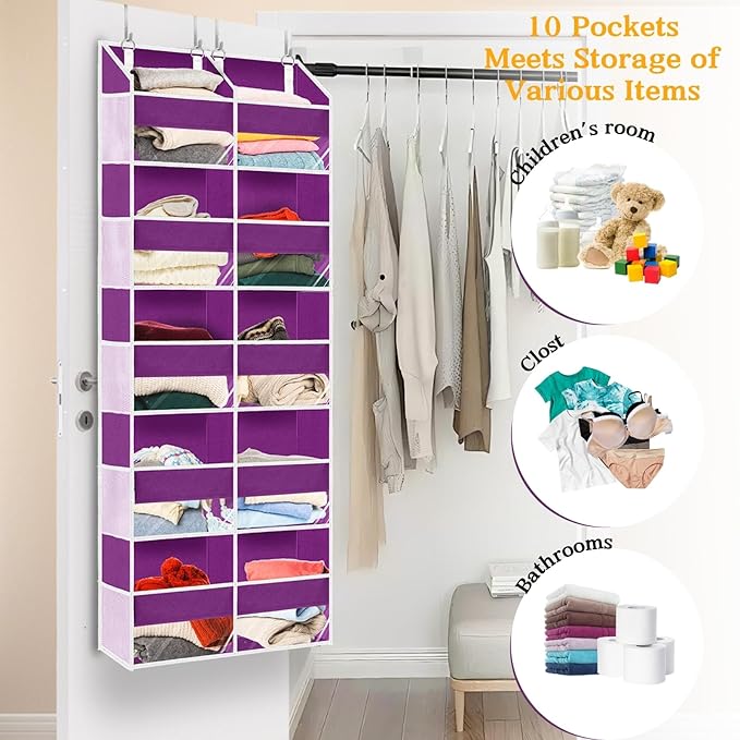 Over The Door Organizer 5 Tiers, Extra Large Behind Door Storage of 10 Compartments, 80 lbs Weight Capacity Hanging Storage Organizer with Clear Window Kids Toys,Shoes,Diapers,Room Storage,Purple