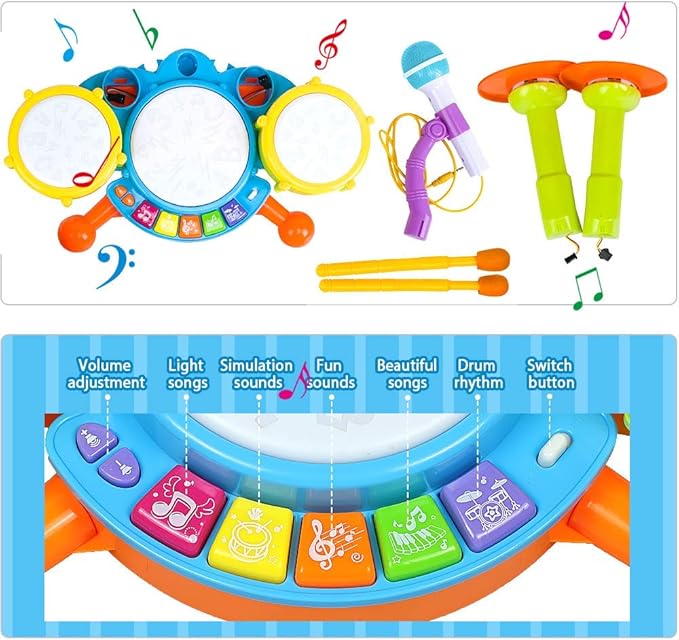 POKONBOY Kids Drum Set for Toddler 1-3, Musical Instruments Learning Toys with 2 Drum Sticks Adjustable Microphone Birthday Gifts for Boys Girls 6 12 18 Month