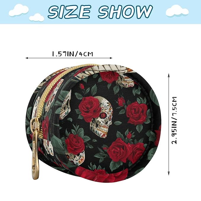 Pacifier Holder with Clip Pacifier Case for Diaper Bag Round Baby Pacifier Pouch Box Bag Portable Mexico Skull Rose Flowers Red