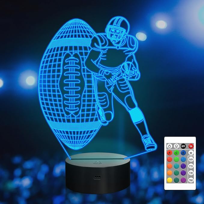 Attivolife Football Player 3D Nightlight, Rugby Illusion LED Lamp with Remote & Touch Control, 16 Colors Changing Dimmable, Great Bedside Decor Birthday Gift for Outsports Lover Children Kids Boys