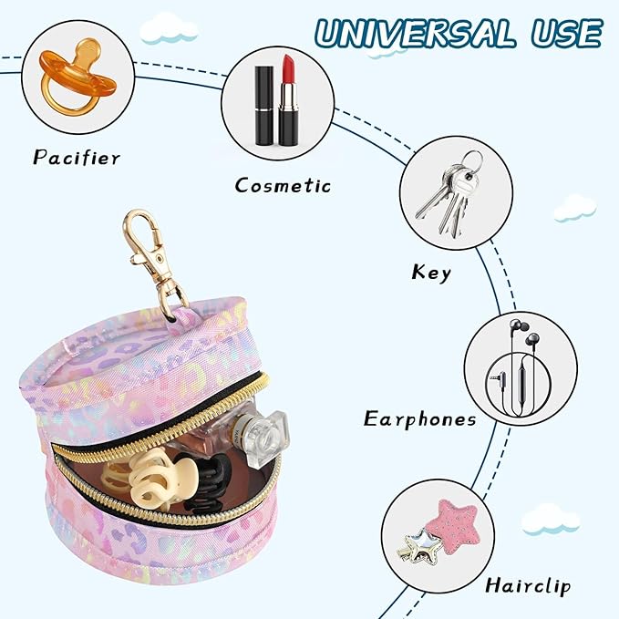 Leopard Pink Purple Pacifier Holder Case Newborn Pacifier Storage Pouch for Boys Girls Easy Attach to Diaper Bag Portable Baby Essentials Container