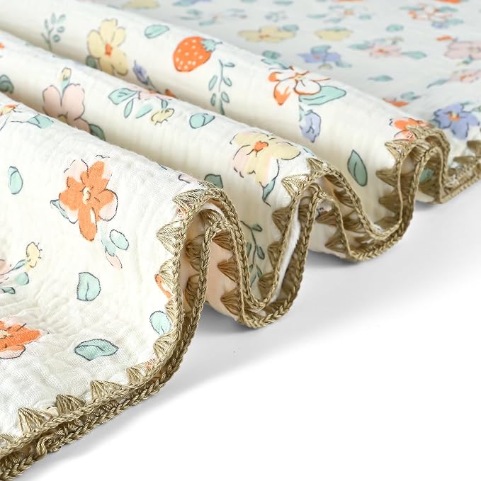 Baby Blanket 40x40 Inches,Muslin Cotton and Minky Dotted Double Layer Soft Receiving Blanket for Newborn Toddler,Strawberry Flower