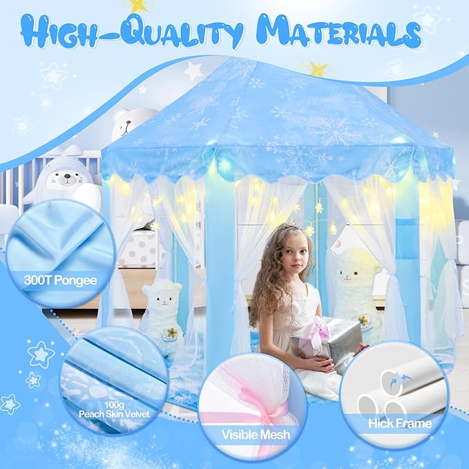 Frozen Tent for Girls Age 4-7, Princess with Snowflake Lights, Kids Play Tent for Girls Indoor, Princess Castle Playhouse for Toddlers, Blue Frozen Toy 55x53 inch