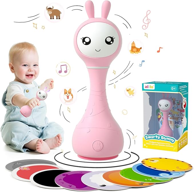 alilo Smarty Bunny Baby Rattle Musical Light Up Toys, Infants Newborns Baby Toys 0-3-6-12-18-24 Months,1 Year Old Boy Girl Easter Gifts, 4 Music Modes and Color Recognition Function with 9 Color Card