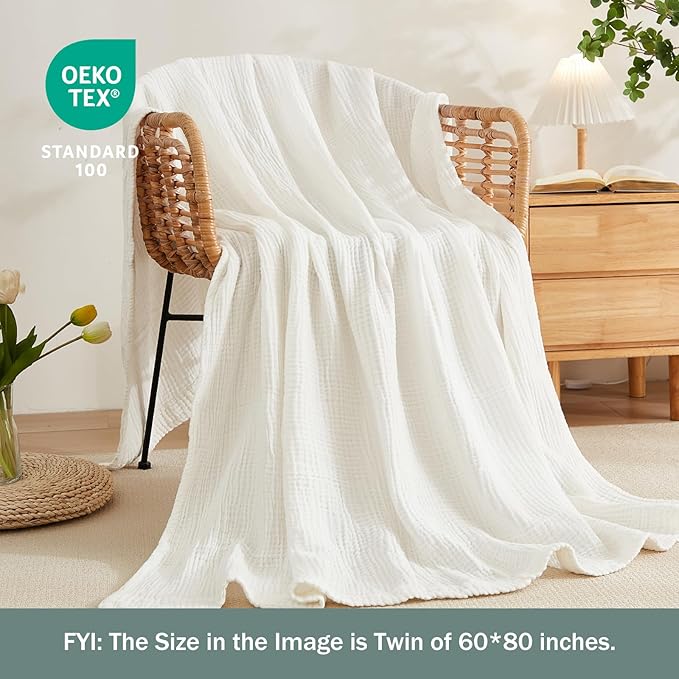 EMME Cotton Muslin Queen Blanket Bed Layering Bedspread Coverlet Breathable Gauze Soft Lightweight Adults (90"x90")