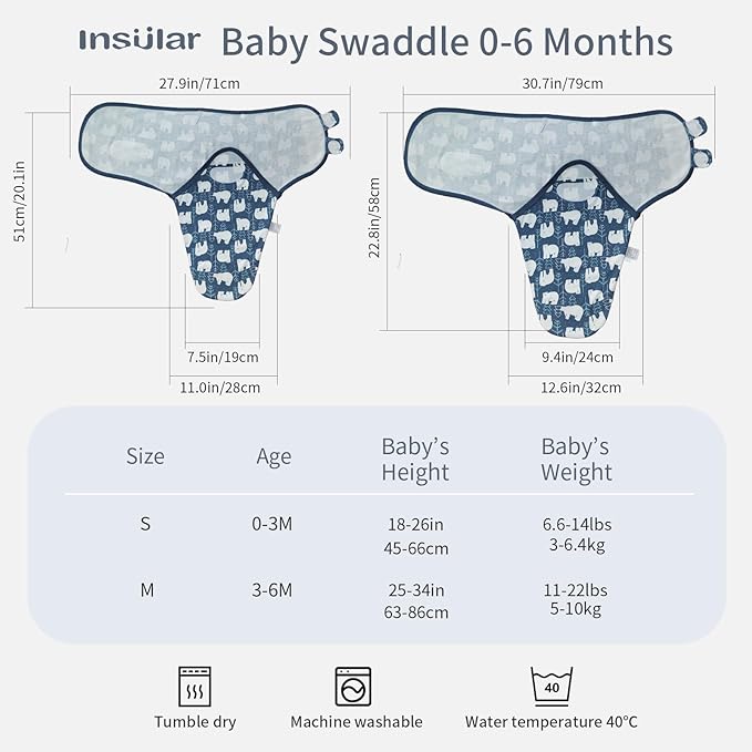 insular Baby Swaddle Wrap, Swaddle Blanket for Newborn and Infant, Adjustable Swaddling Set for Boy and Girl, Soft Cotton Baby Sleep Sack 3 Pack, Bear, Medium(3-6 Month)