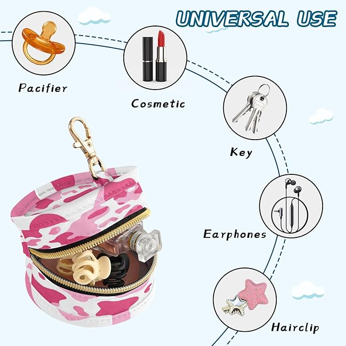 Pacifier Holder with Clip Pacifier Case for Diaper Bag Round Baby Pacifier Pouch Box Bag Portable Pink Cow Print White